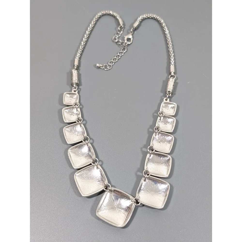Blue‎ Enamel Hammered Statement Necklace Silver Tone Western Boho 22